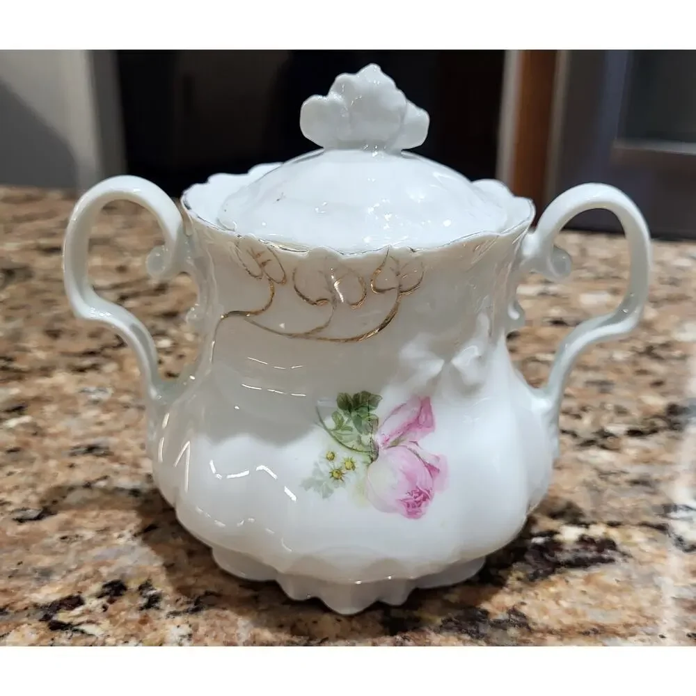 Antique Lehmann Leuchtenburg Germany Sugar Bowl Pink White Roses 2 handle - Picture 7 of 15